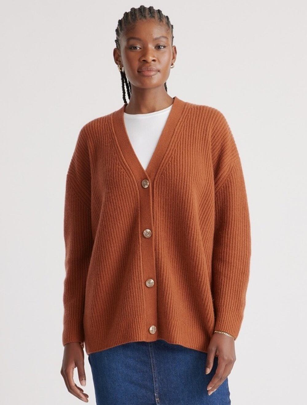 Quince Mongolian Cashmere Oversized Boyfriend Cardigan Chestnut M